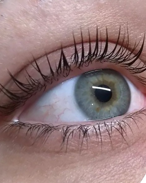 Gelifte en geverfde eigen wimpers bij een groen oog